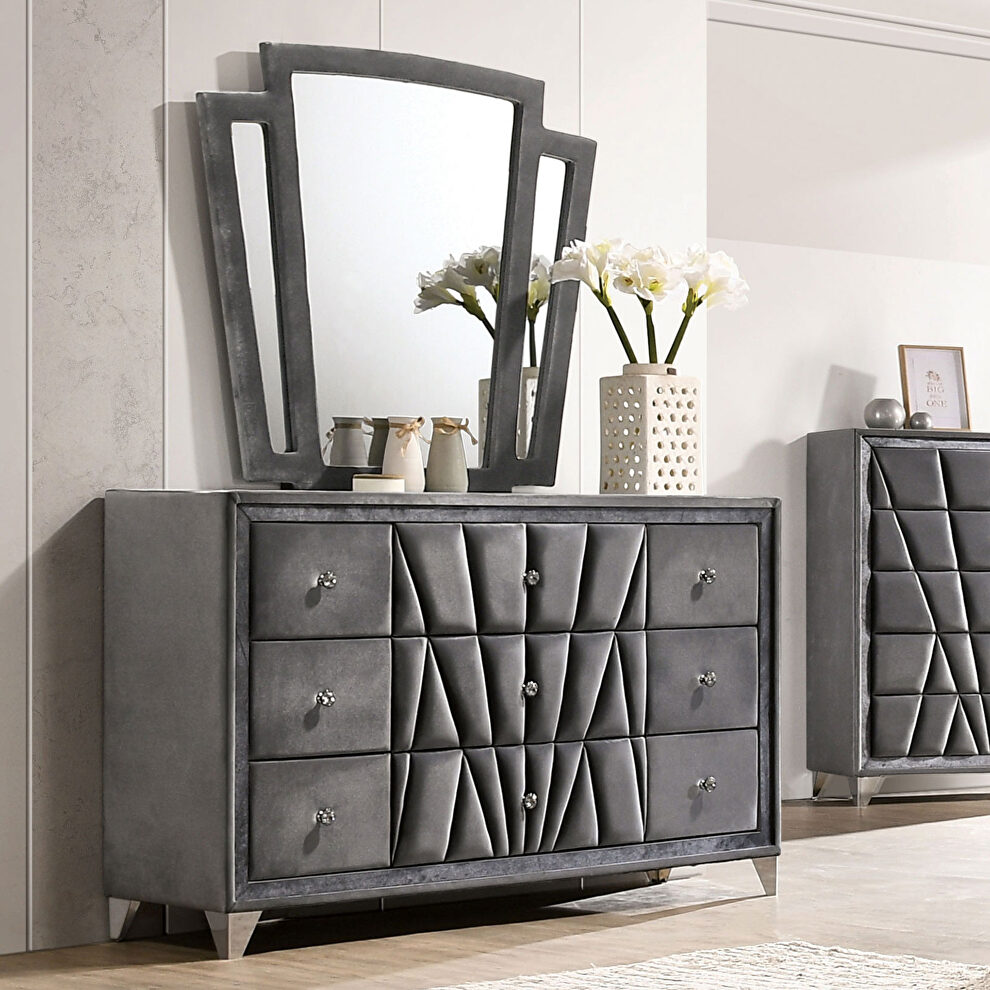 Gray fabric art deco-inspired design dresser by Furniture of America
