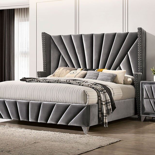 Gray fabric art deco-inspired design platfrom king bed by Furniture of America