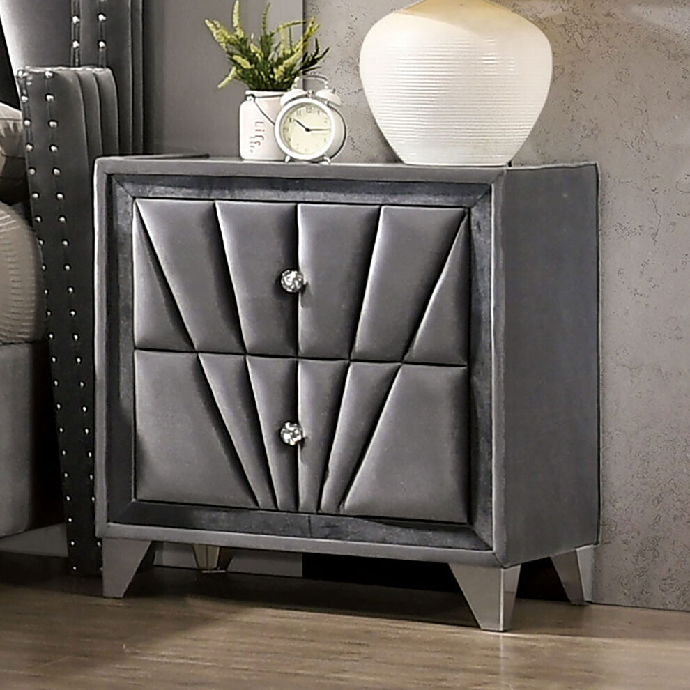 Gray fabric art deco-inspired design nightstand by Furniture of America