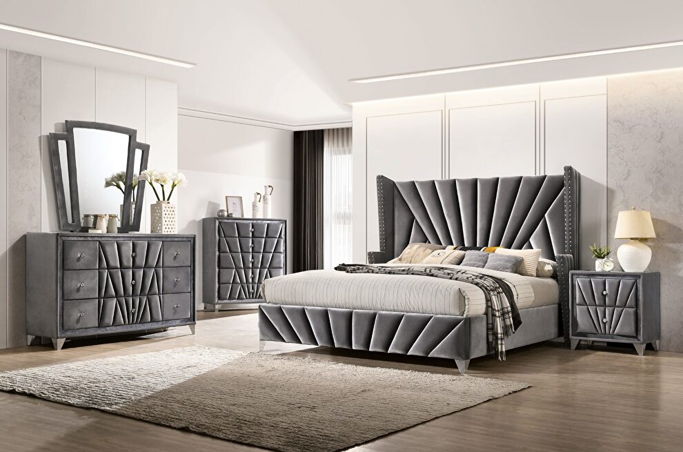 Gray fabric art deco-inspired design platfrom bed by Furniture of America
