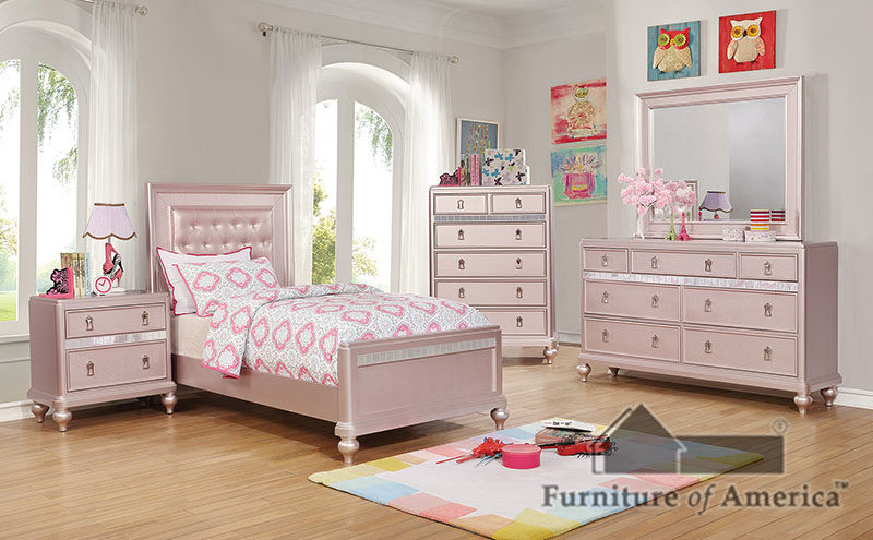 Crystal-like acrylic buttons padded rose gold headboard youth bedroom by Furniture of America