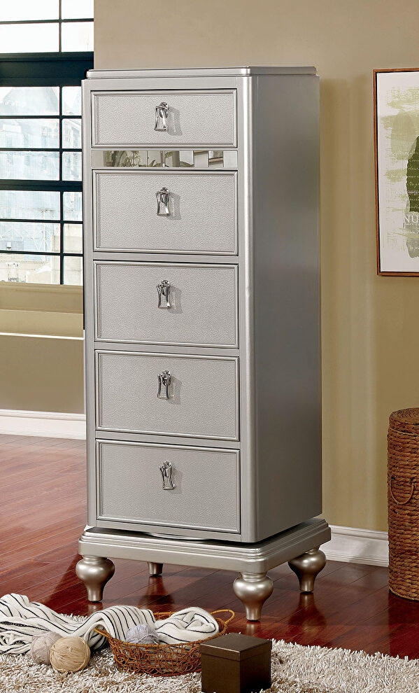 Contemporary mirror trim silver accents swivel chest by Furniture of America