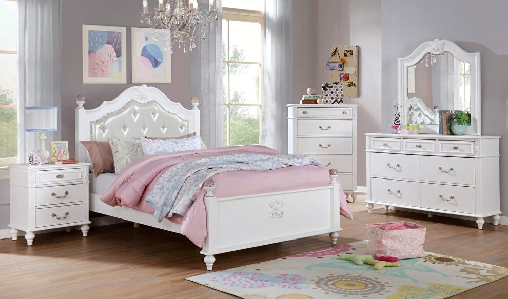 Button tufted headboar white finish youth bedroom by Furniture of America