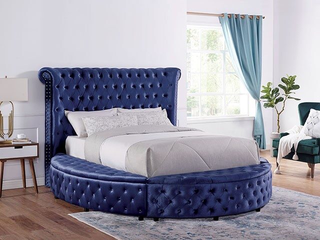 Blue padded flannelette fabric glam style king bed by Furniture of America