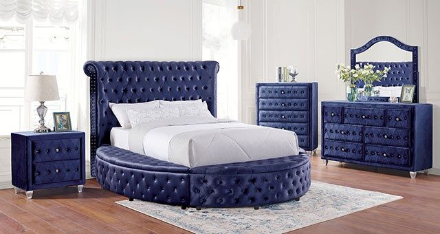 Blue padded flannelette fabric glam style bed by Furniture of America