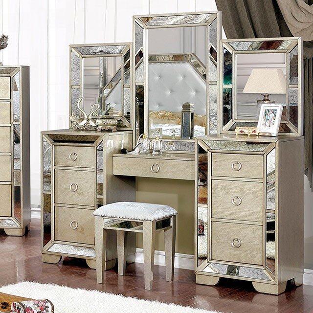 Champagne glam style vanity set w/ stool by Furniture of America