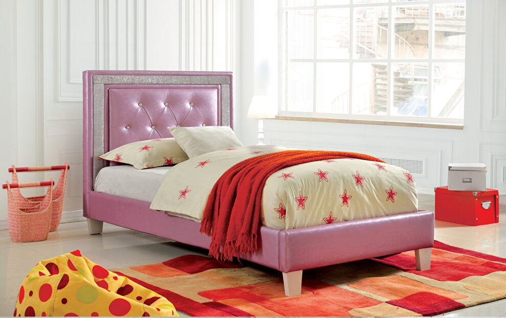 Purple leatherette and solid wood contemporary bed by Furniture of America
