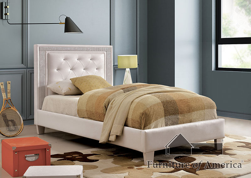 White leatherette and solid wood contemporary bed by Furniture of America