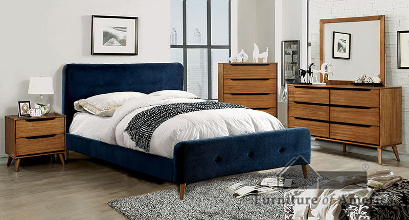 Mid-century modern style navy finish platform bed by Furniture of America
