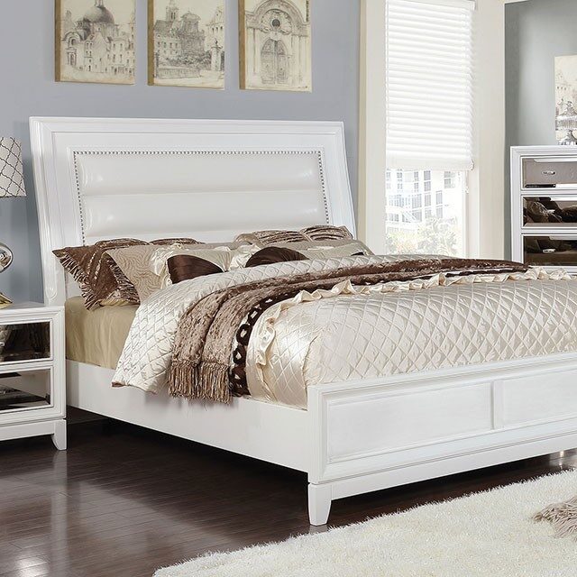 White padded leatherette headboard contemporary bed by Furniture of America