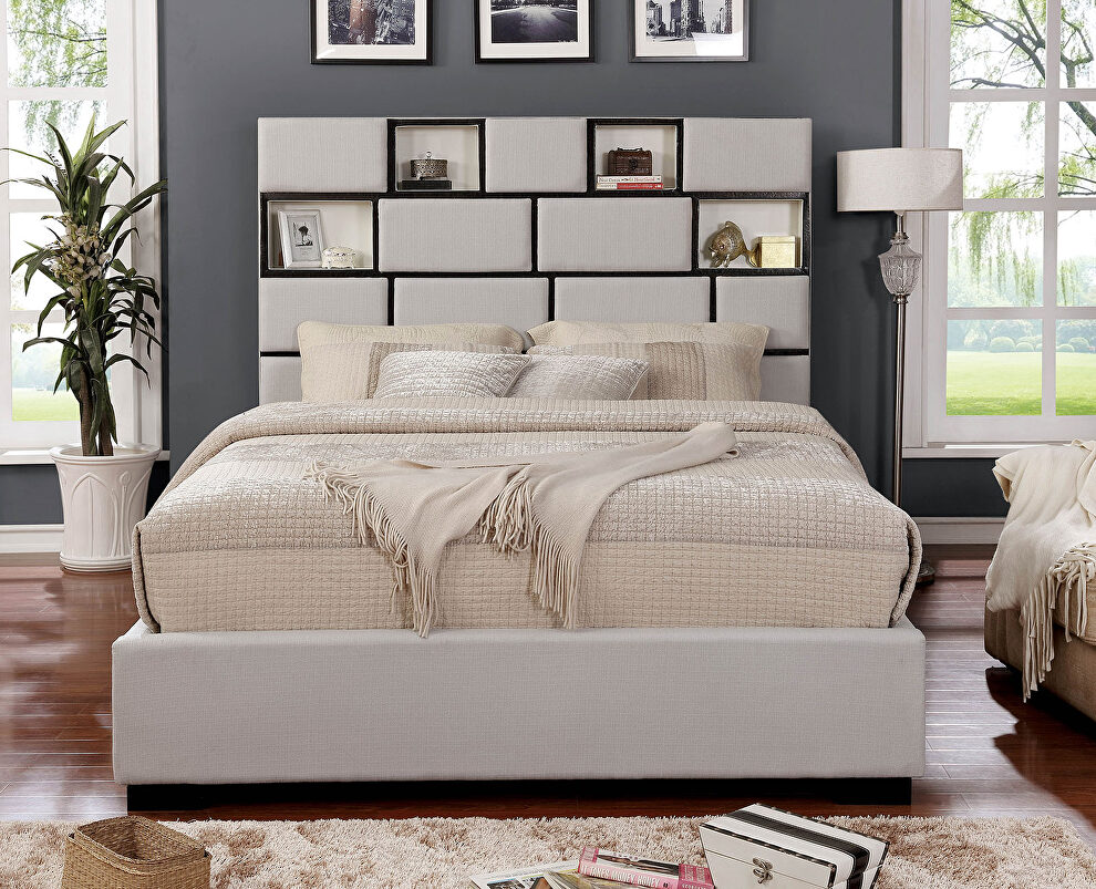 Beige/ black display headboard contemporary king bed by Furniture of America