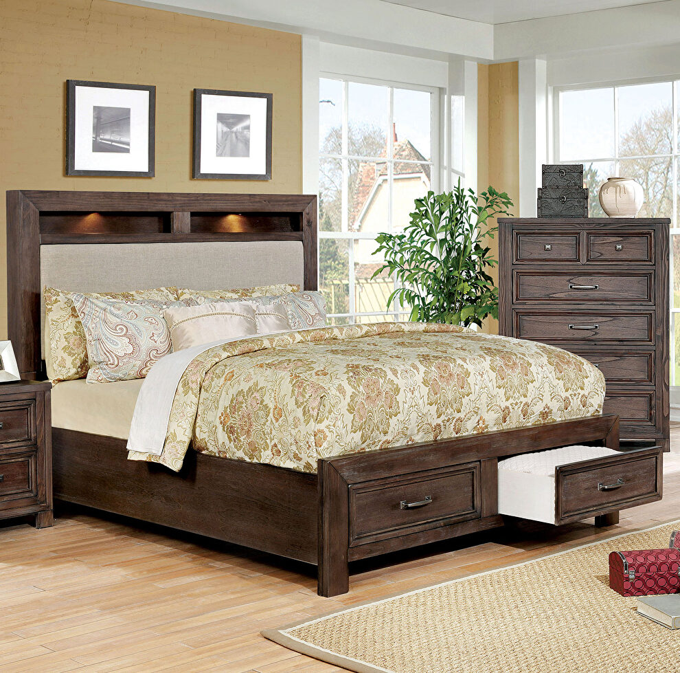 Dark oak weathered finish transitional king bed w/ storage by Furniture of America