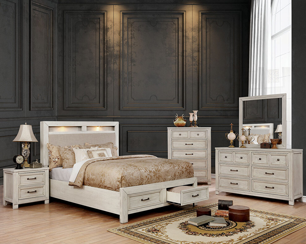 Antique white weathered finish transitional bed w/ storage by Furniture of America