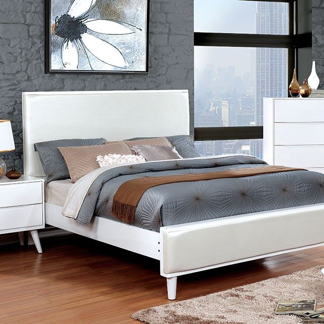 Mid-century modern style white leatherette headboard bed by Furniture of America