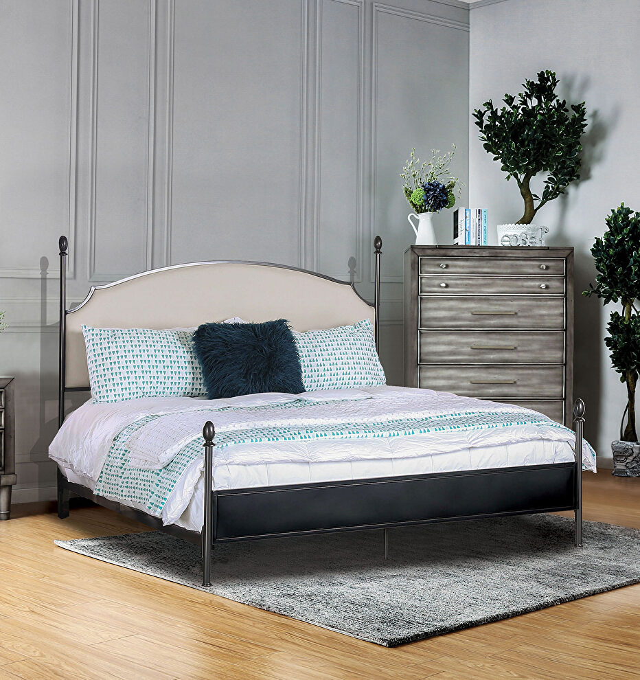 Powder coated gun metal, beige transitional king bed by Furniture of America
