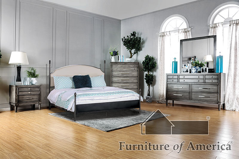 Powder coated gun metal, beige transitional bed by Furniture of America