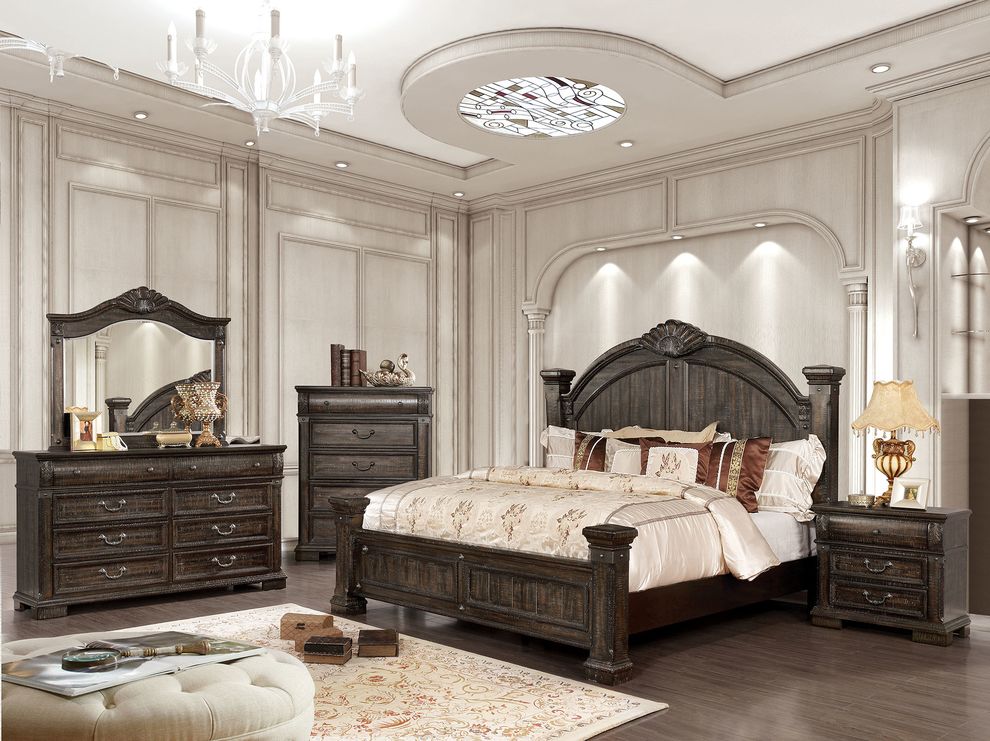 Distressed walnut transitional style bedroom by Furniture of America