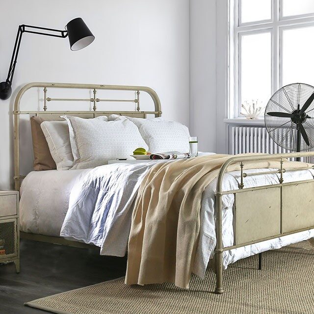 Hand-brushed distressed ivory powder coating industrial twin bed by Furniture of America