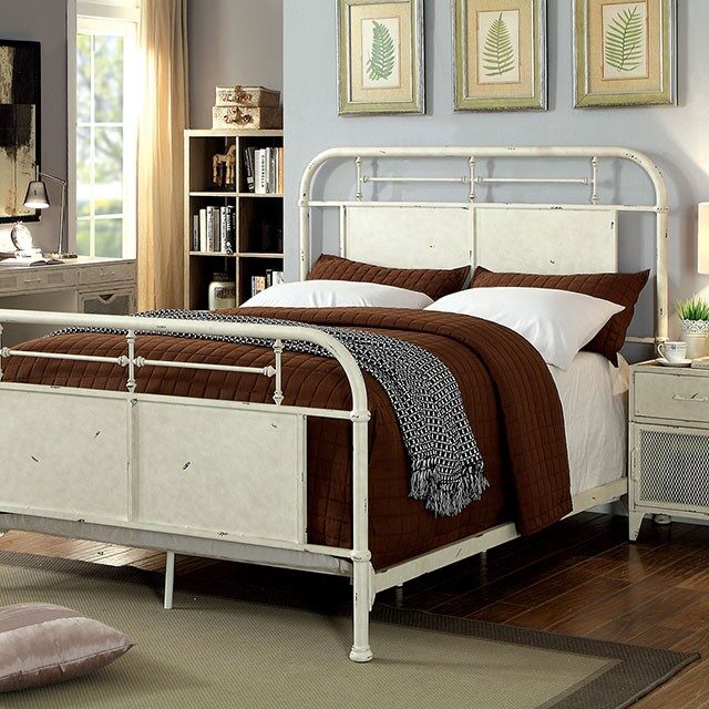 Hand-brushed white powder coating industrial king bed by Furniture of America