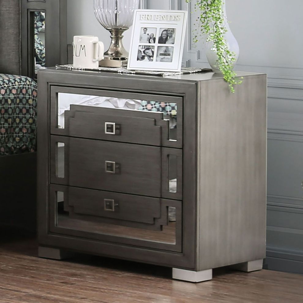 Mirrored panels / gray nightstand by Furniture of America