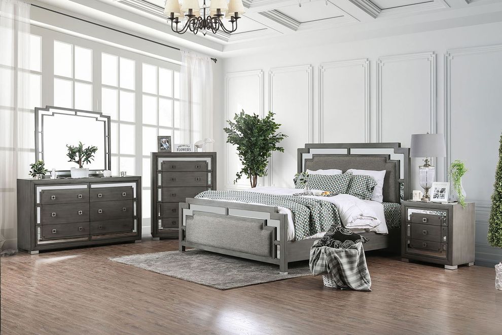 Mirrored panels / gray fabric modern queen bed by Furniture of America