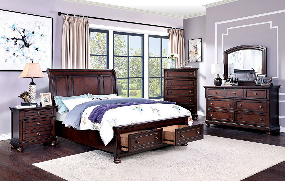 Dark cherry wood finish bed in country style w/footboard drawers by Furniture of America