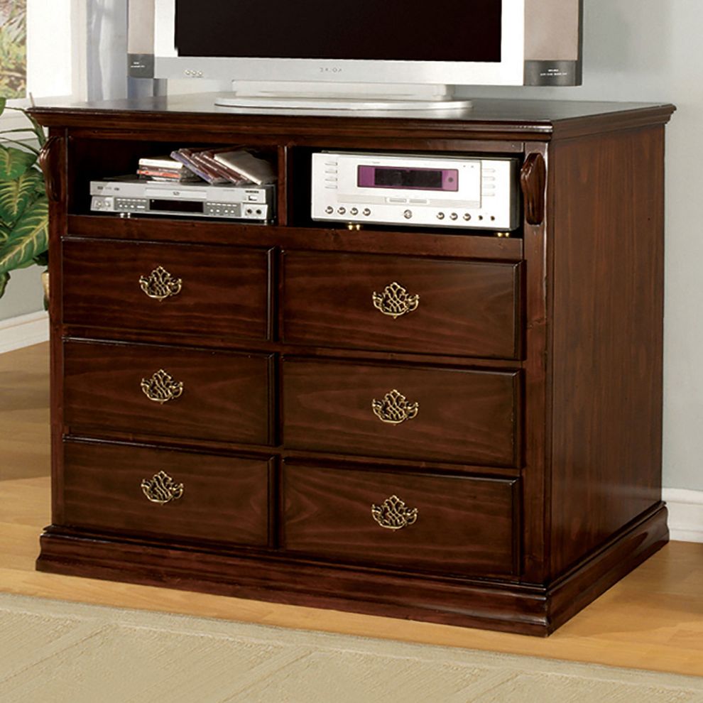 Traditional style glossy dark pine finish media chest by Furniture of America