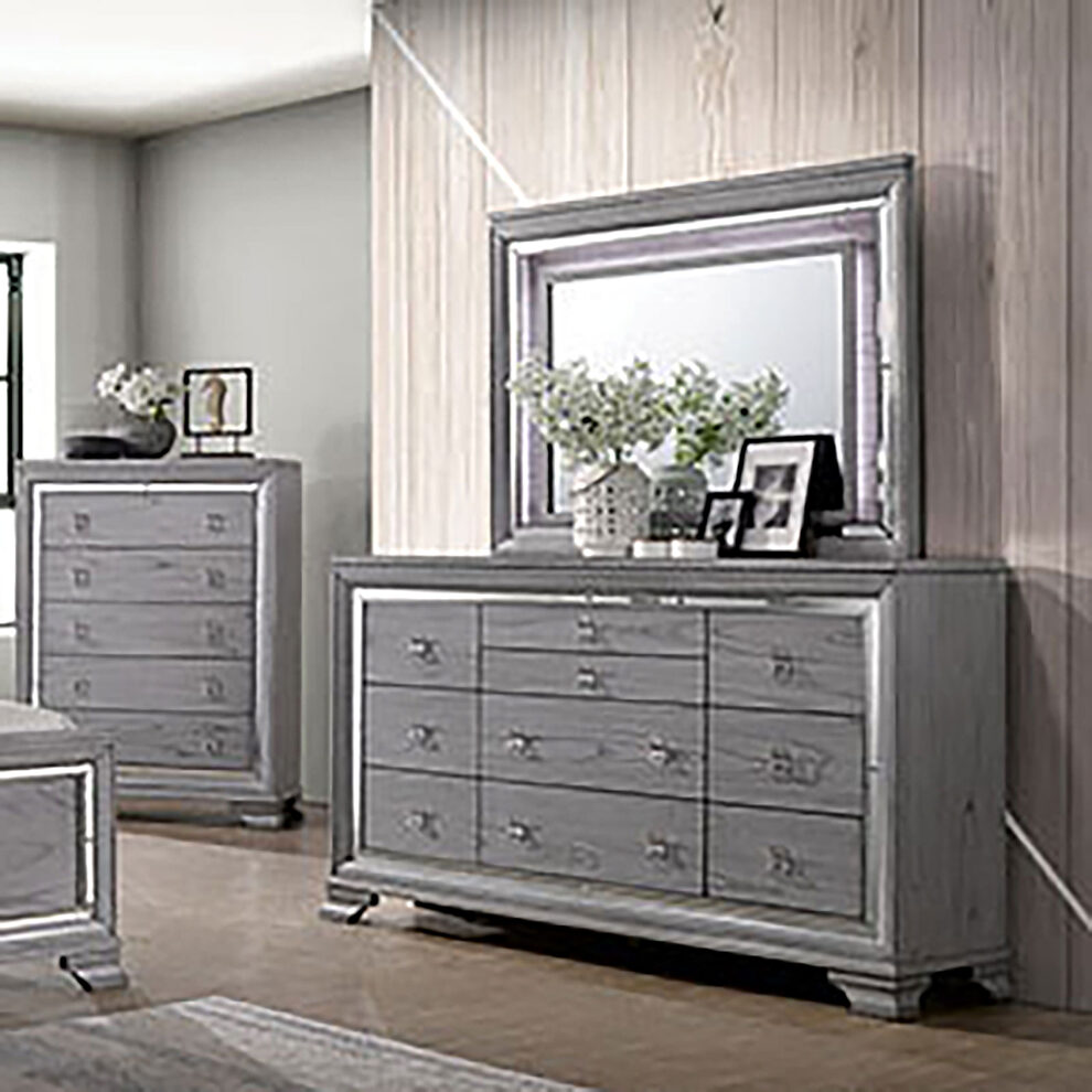Gray finish mirror trim contemporary dresser by Furniture of America