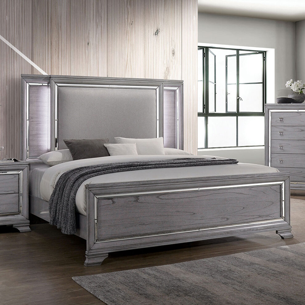 Gray padded headboard w/ led light trim king bed by Furniture of America