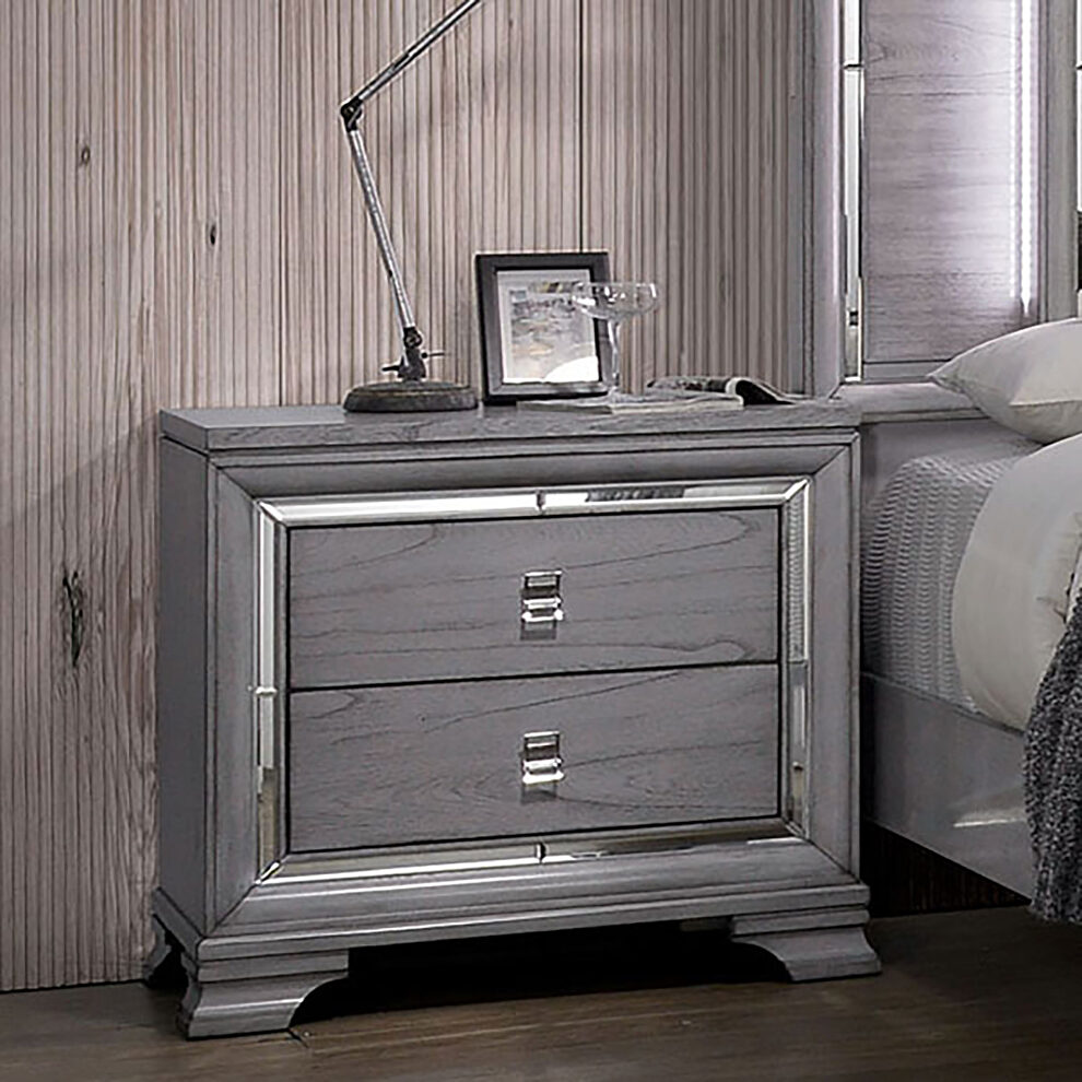 Gray finish mirror trim contemporary nightstand by Furniture of America