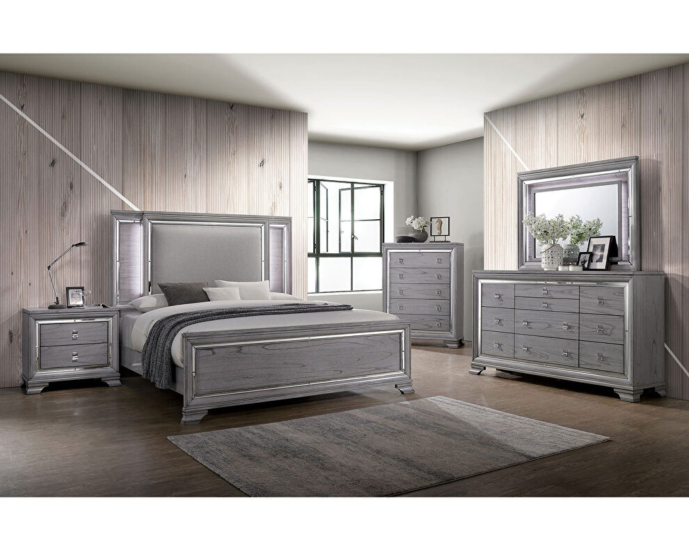 Gray padded headboard w/ led light trim contemporary bed by Furniture of America