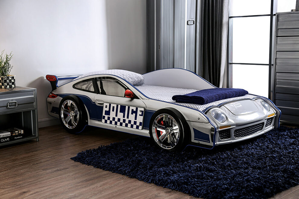 Blue/ white finish race car design bed by Furniture of America