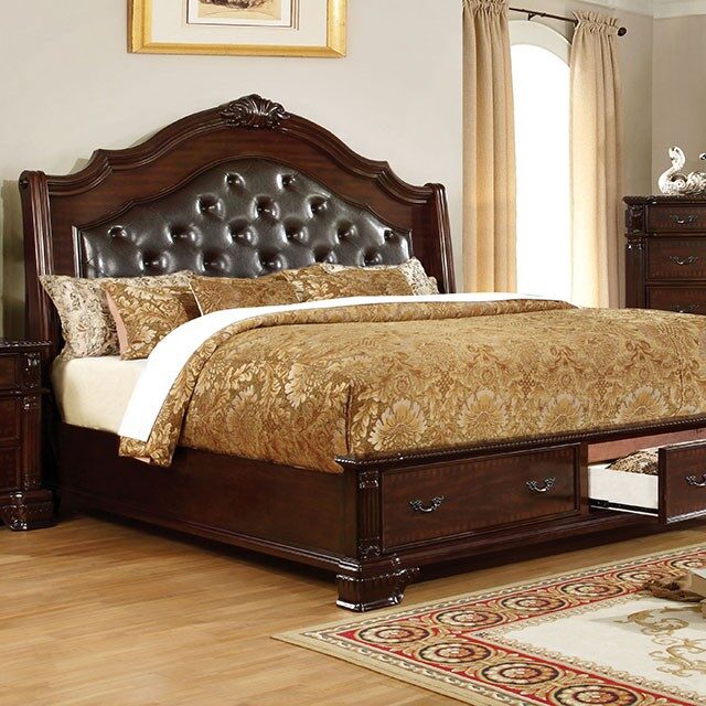 Brown cherry finish intricate wooden carvings bed w/ storage by Furniture of America