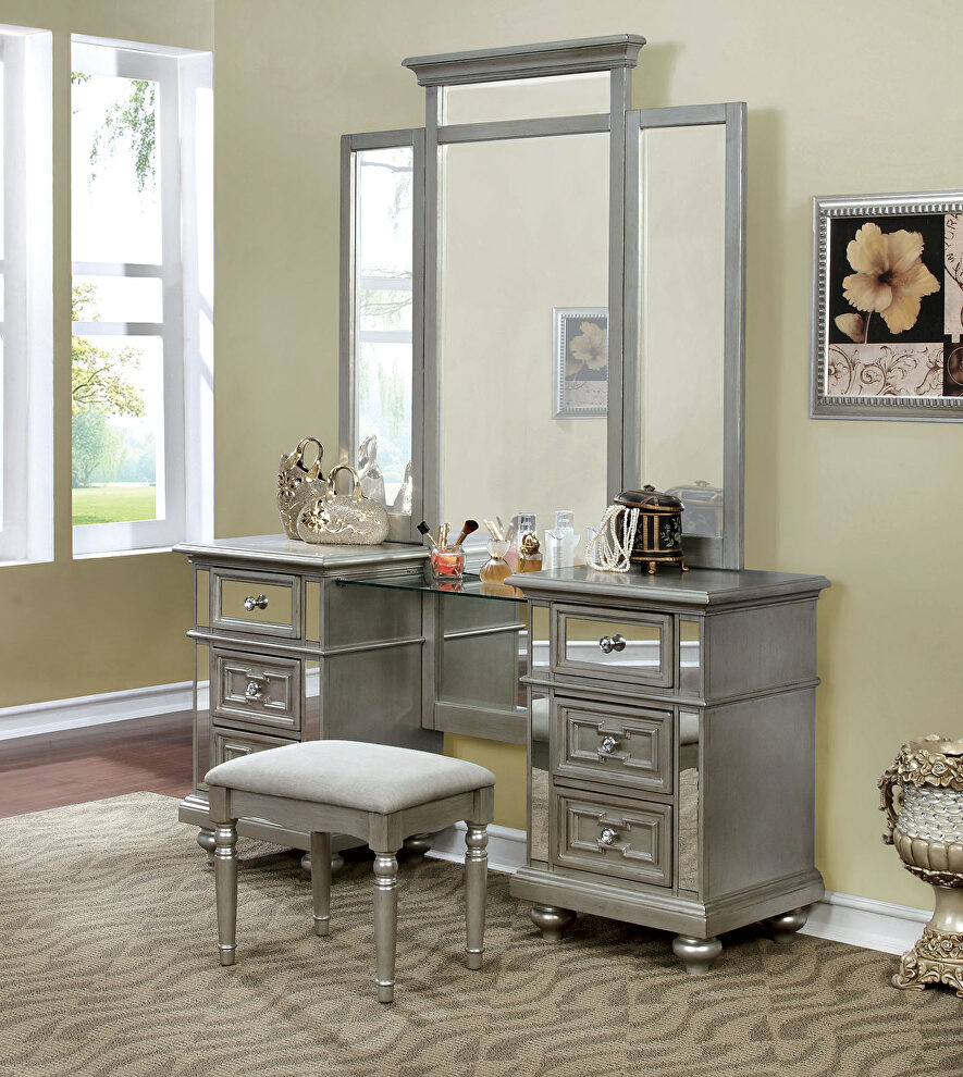 Silver finish glam style vanity and stool set by Furniture of America