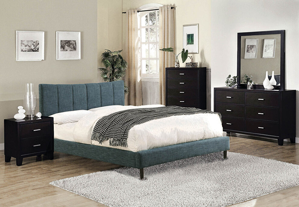 Dark blue linen-like fabric curved top headboard contemporary bed by Furniture of America