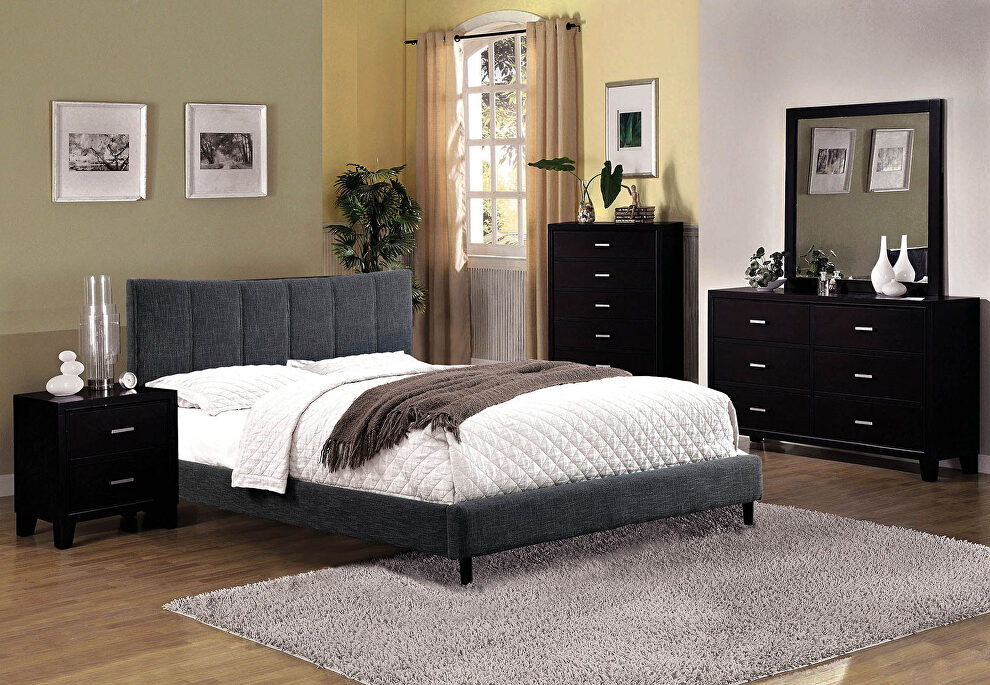 Dark gray linen-like fabric curved top headboard contemporary bed by Furniture of America