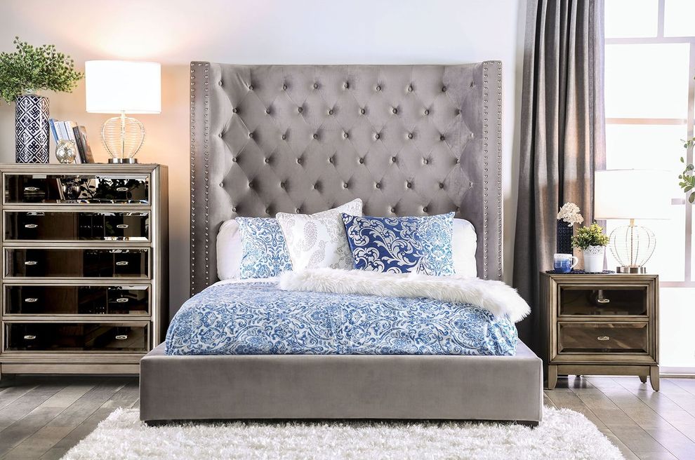 Flannelette contmporary king bed w/ tufted hb&fb by Furniture of America
