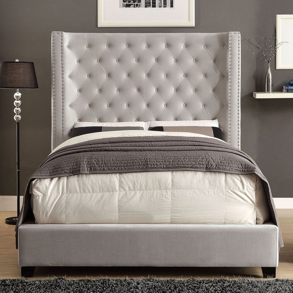 Flannelette contemporary queen bed w/ tufted headboard by Furniture of America