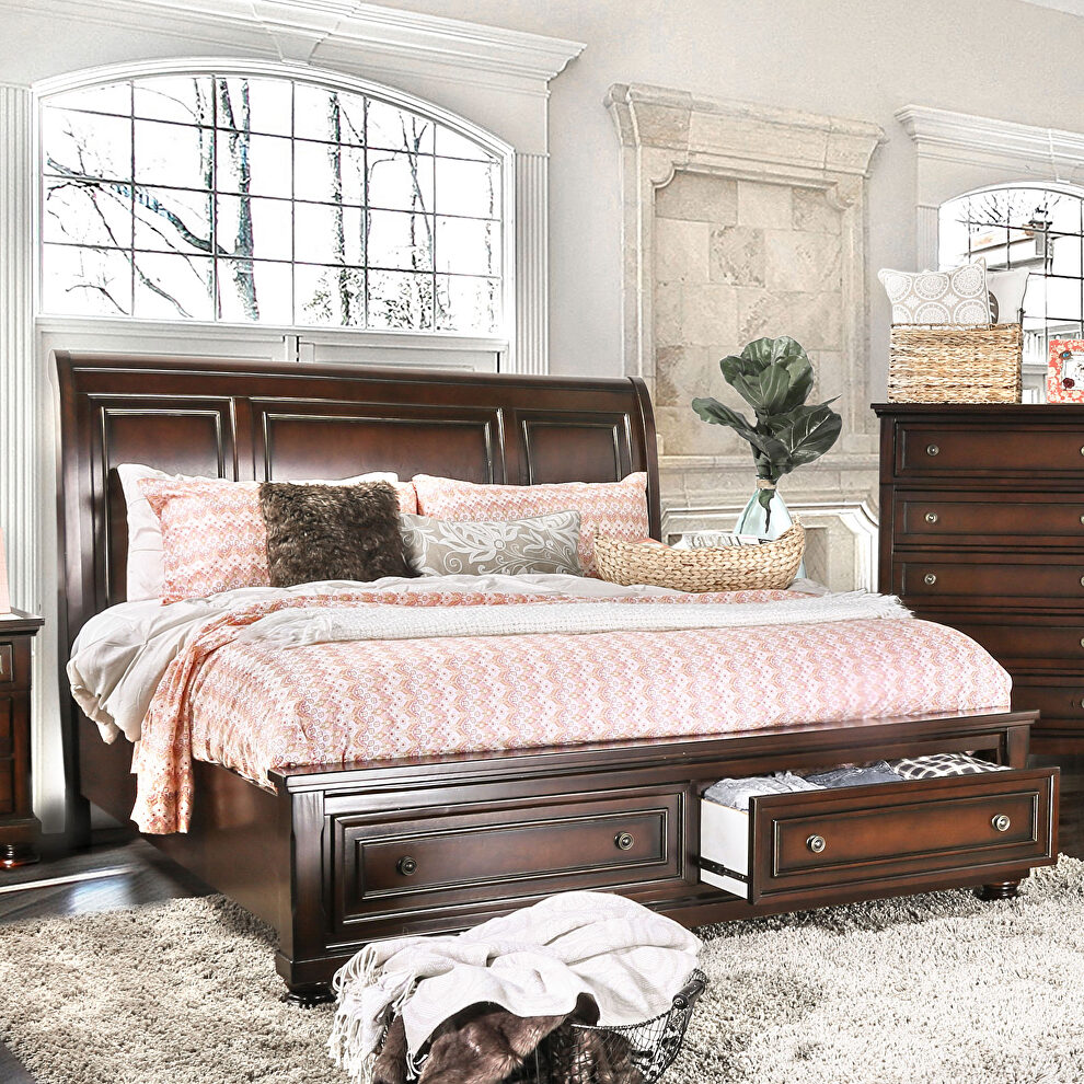Dark cherry finish traditional style king bed w/ storage by Furniture of America