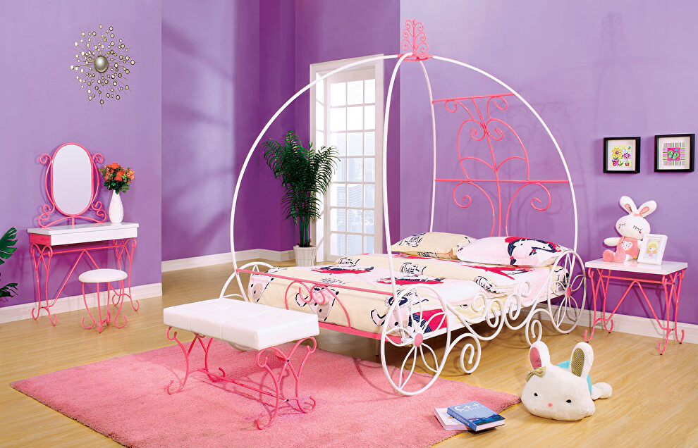White/pink finish princess carriage design bed by Furniture of America