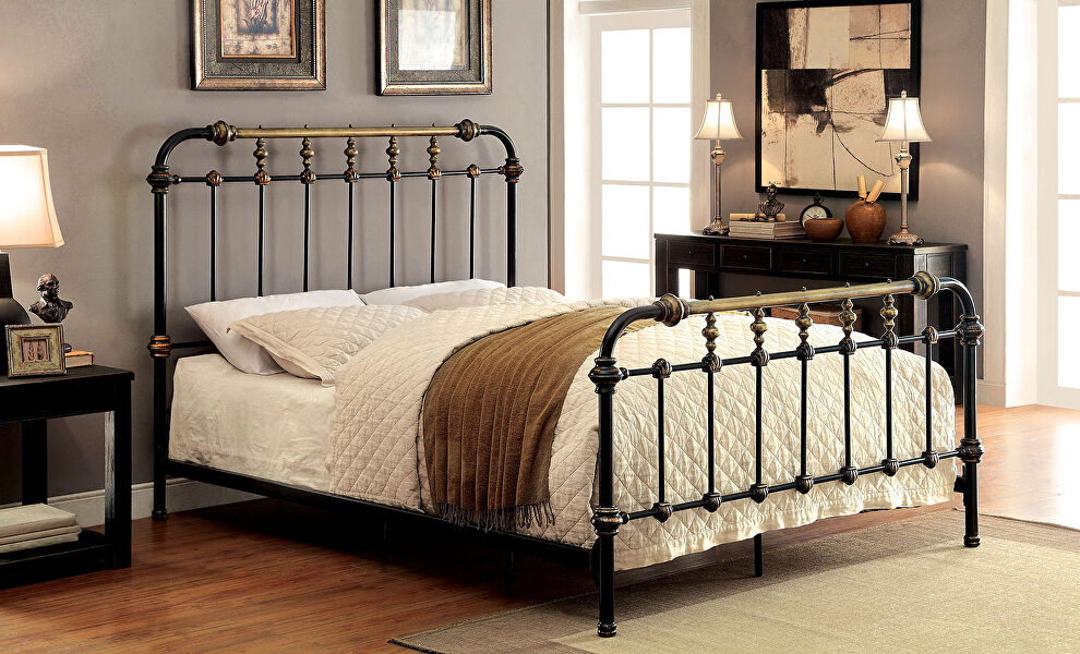 Antique black full metal construction transitional king bed by Furniture of America