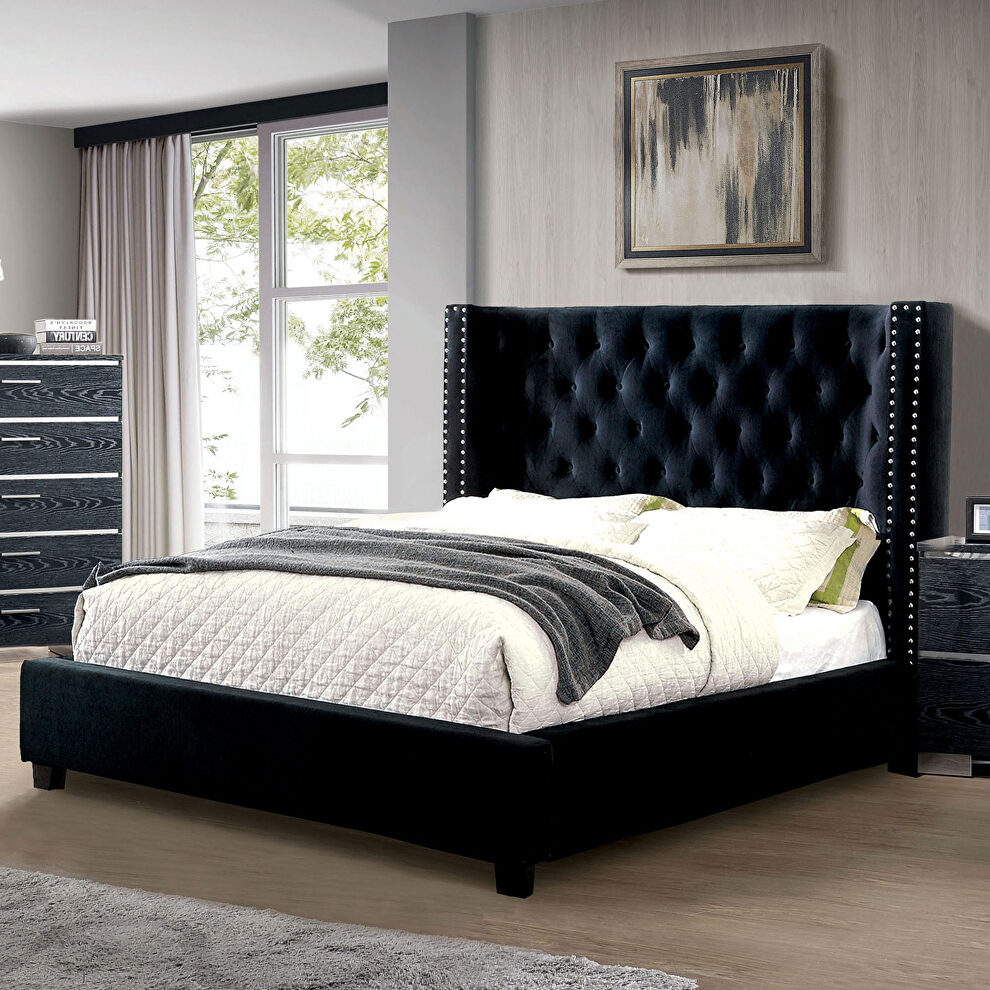 Dark gray fully upholstered frame transitional bed by Furniture of America