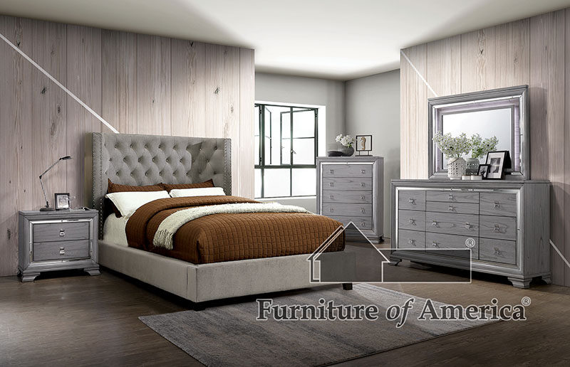 Gray fully upholstered frame transitional bed by Furniture of America