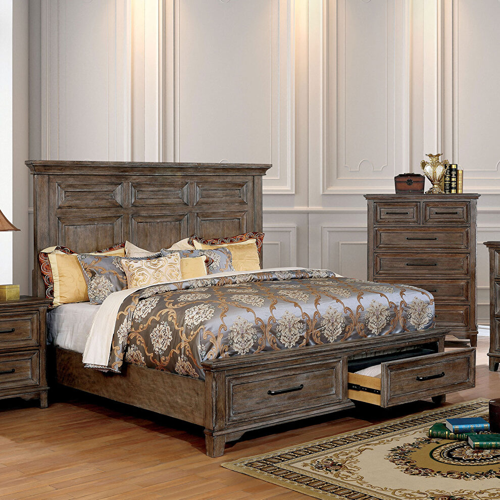Rustic oak wood inlay design bed by Furniture of America