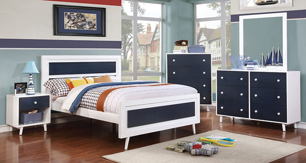 White/blue finish wood contemporary bed by Furniture of America