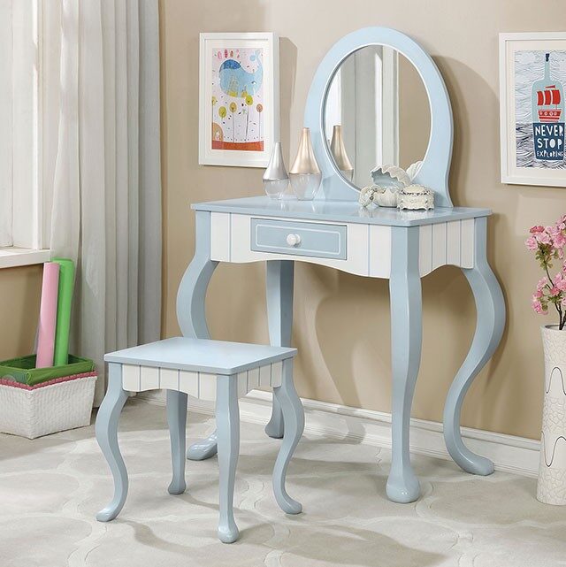 Blue & white finish contemporary vanity and stool set by Furniture of America
