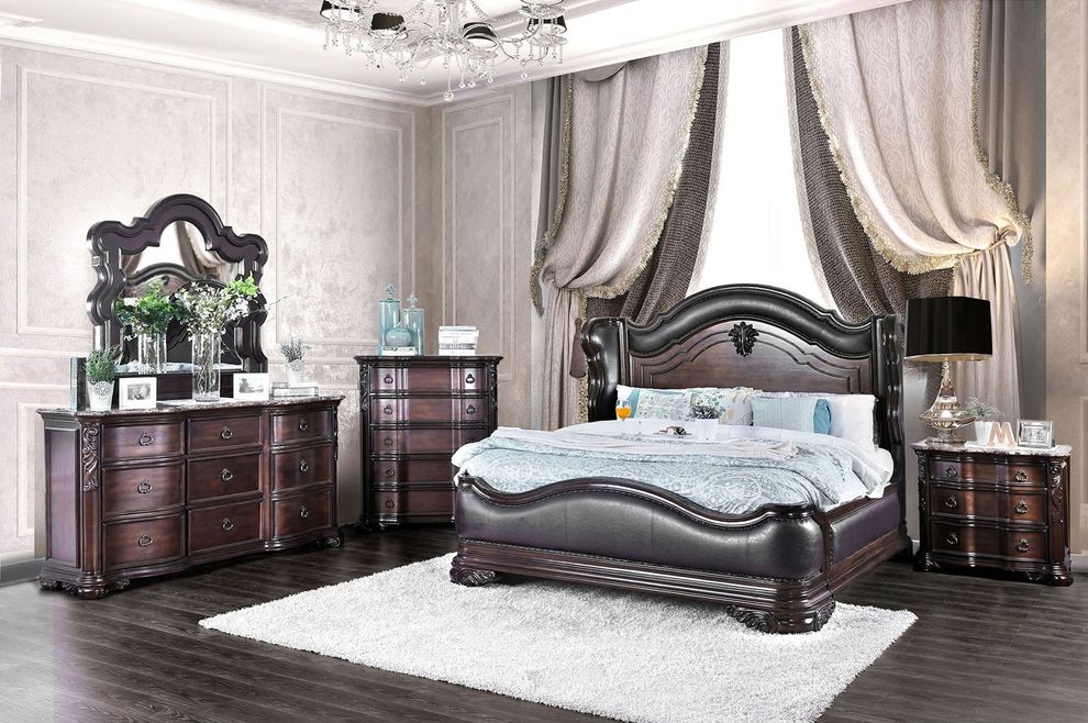 Dark cherry traditional bed w/ brown leatherette hb by Furniture of America