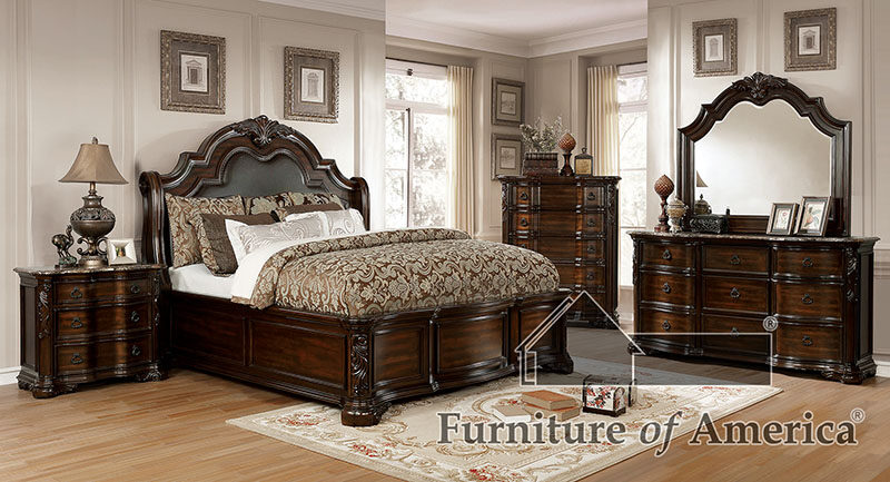 Brown cherry/ espresso traditional bed w/ brown leatherette hb by Furniture of America