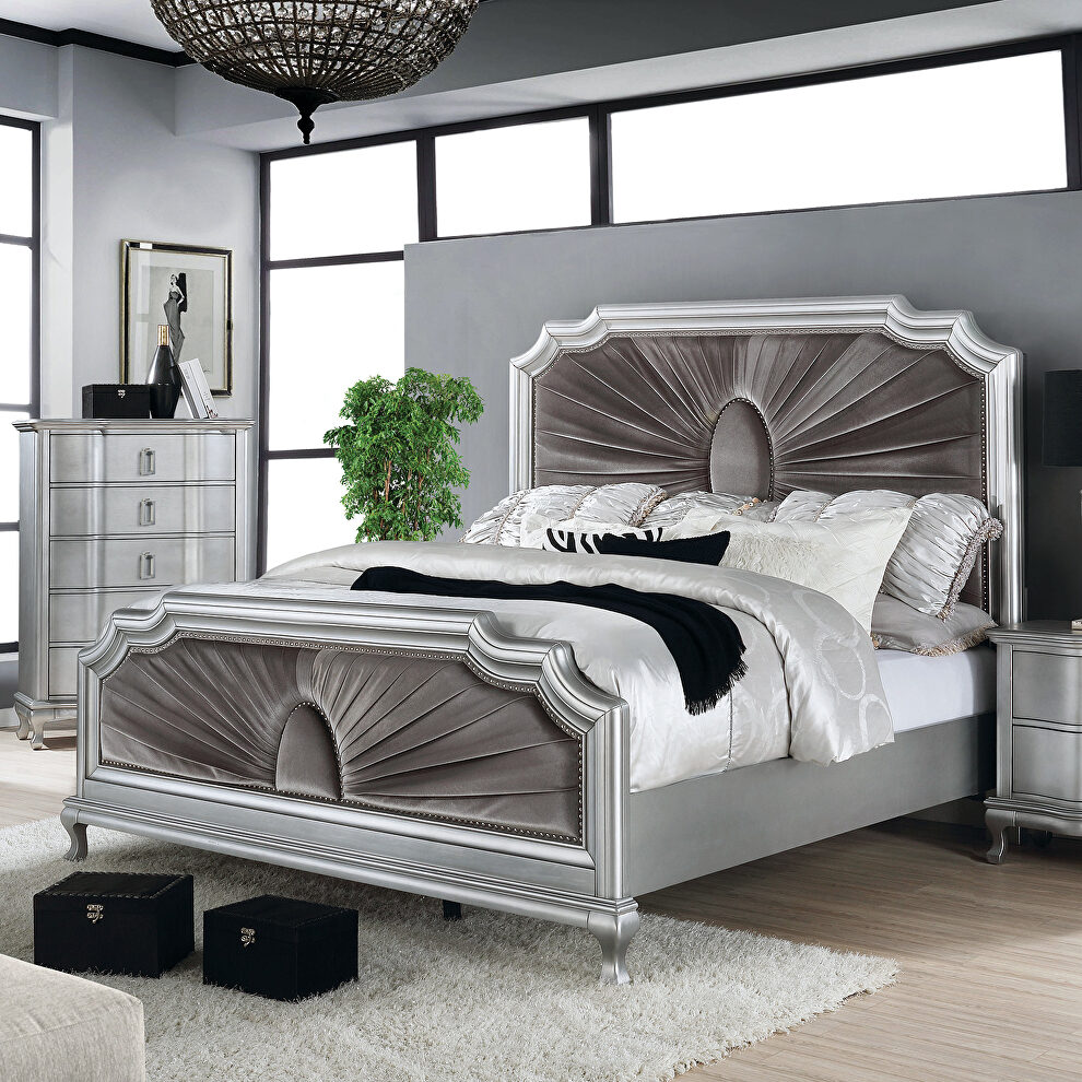 Transitional style silver glam king bed by Furniture of America