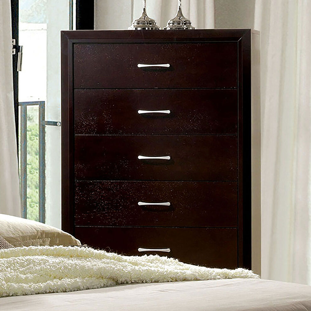 Generous storage and silver hardware accents chest by Furniture of America